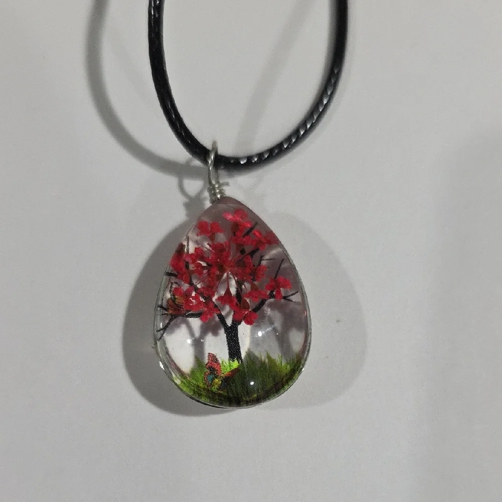 Teardrop Pendant Necklace – Red Blossom Floral Resin Jewelry on a Black Cord